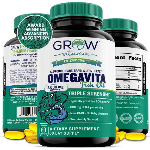 OmegaVita Fish Oil: Heart, Brain, and Joint Support - Natural Lemon Flavor, Enteric-Coated, Sustainably Sourced - Easy to Swallow 30 Day Supply - Omega Fatty Acid Supplements