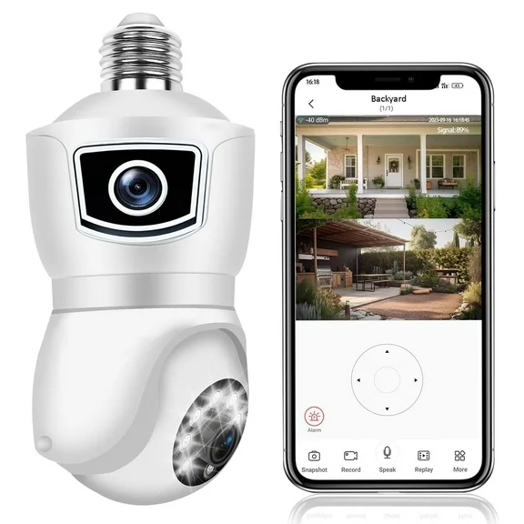 2K Security Camera with Dual Lens, DFITO Light Bulb Cameras with Full Color Night Vision, Motion Detection, WiFi for Home Outdoor Indoor Camera