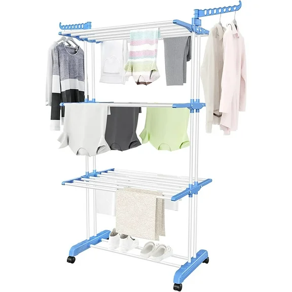 4-Tier Clothes Drying Rack W/Casters, Foldable Laundry Drying Rack, Dryer Hanger Rack for Clothes, Clothing Rack for Drying, Movable Drying Rack for Indoor Outdoor Bedroom Balcony, Blue