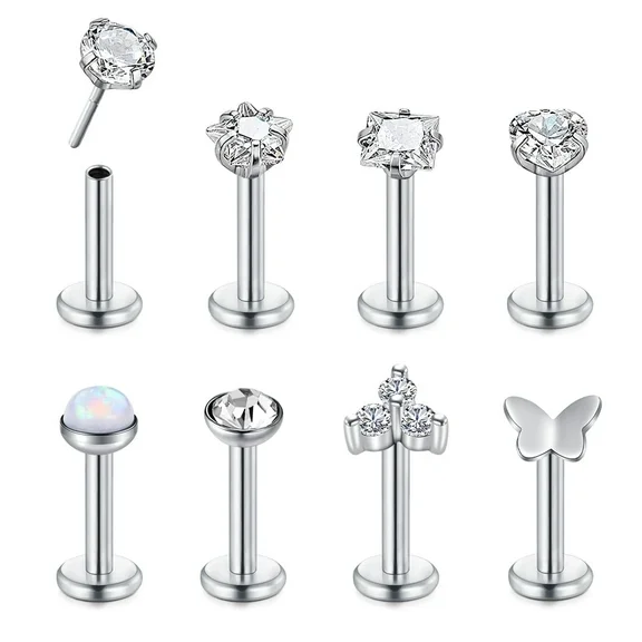 8PCS 18G Push in Theadless Nose Rings Studs Hypoallergenic Flat Back Nose Piercing