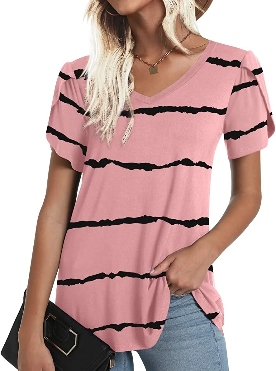 ANYJOIN Womens Summer Tunics Tops Short Sleeve Casual T-Shirts V Neck Lightweight Cute Blouse
