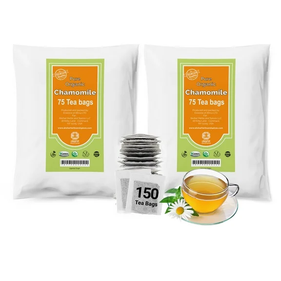 Akshit  150 Organic Chamomile Tea Bags, Manzanilla Tea, Caffeine Free, Soothing Herbal Tea