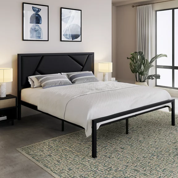 Allewie Black Queen Size Platform Metal Bed Frame with Geometric Faux Leather Headboard & Underbed Storage