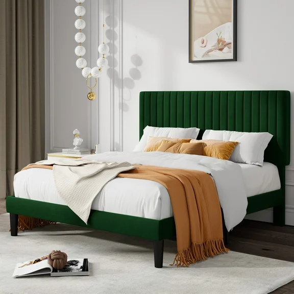 Allewie Full Size Velvet Upholstered Platform Bed Frame with Adjustable Vertical Channel Tufted Headboard, Green