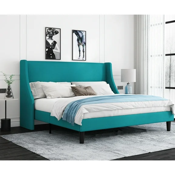 Allewie King Size Fabric Upholstered Platform Bed Frame with Wingback Headboard, Jade Green