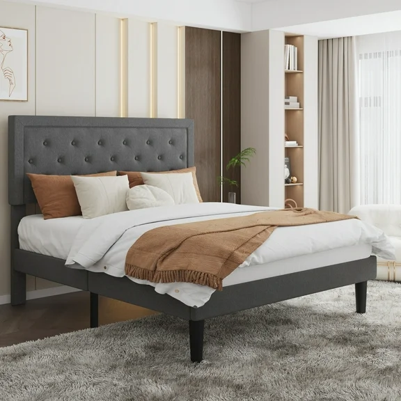 Allewie Queen Size Bed Frame Upholstered Platform Bed with Adjustable Headboard, Box Spring not Needed, Dark Grey