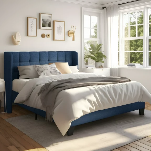 Allewie Queen Size Platform Bed Frame with Wingback Fabric Upholstered Square Stitched Headboard and Wooden Slats, Navy Blue