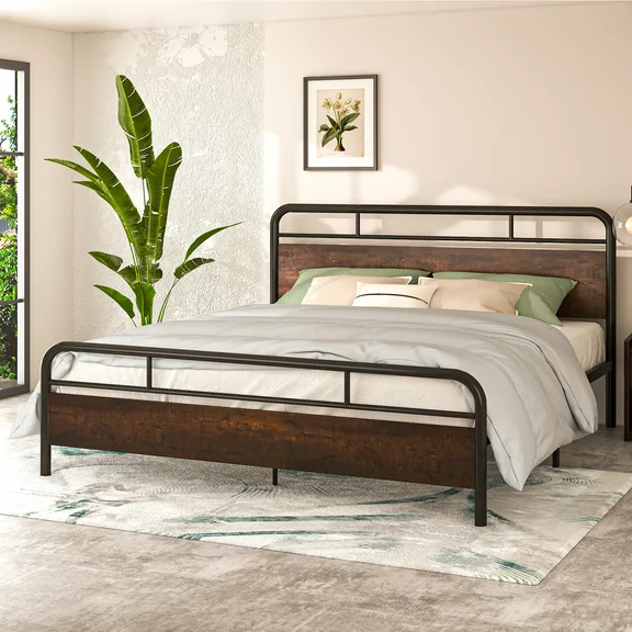 Allewie Sanders King Size Bed with Wooden Headboard, Vintage Metal Platform Bed