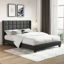 Amolife Full Upholstered Platform Bed Frame with Wood Slat Support, Dark Grey