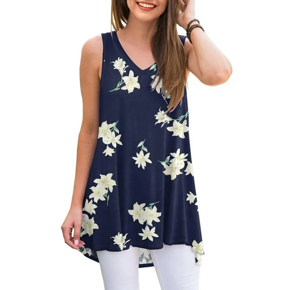 Anygrew Womens Summer Casual T-Shirt V-Neck Sleeveless Tunic Tops for Leggings Loose Blouse Shirt
