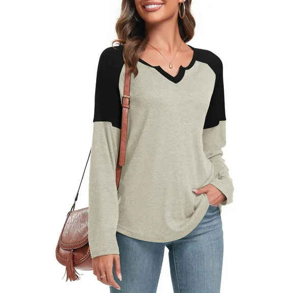Anyjoin Women's Long Sleeve Tunic Tops V Neck Color Block Tops Loose Casual Blouse