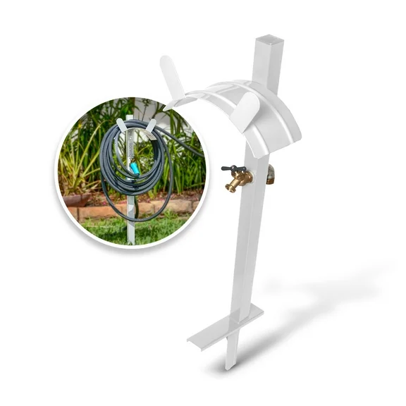 Aqua Joe Garden Hose Stand With Brass Faucet, Stores Up To 125-ft (White)