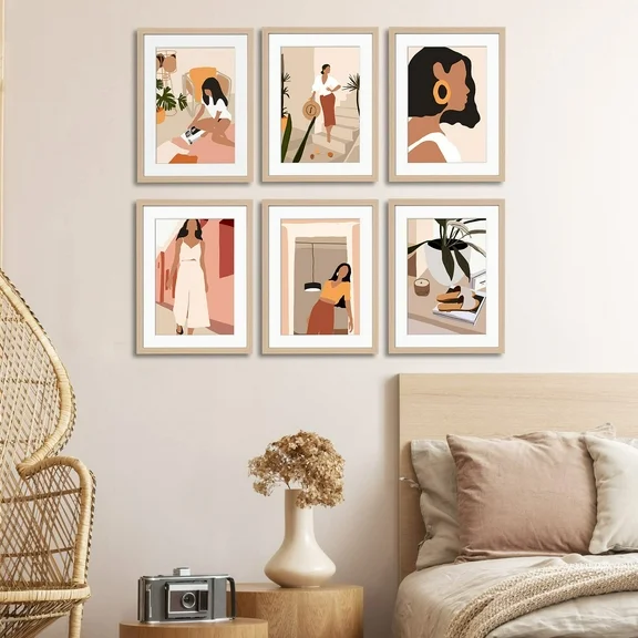 ArtbyHannah 11x14 Netural Framed Wall Art Set of 6, Minimalist Wall Art with Abstract Woman Art Prints for Bedroom Decoration, Mother's Day Decoractions
