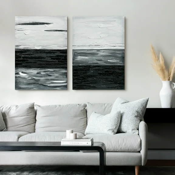 ArtbyHannah 2 Pack 20x28 inch Abstract Black and White Canvas Painting Wall Art, Hand Painted Oil Paintings 3D Textured Wall Decor for Living Room, Ready to Hang