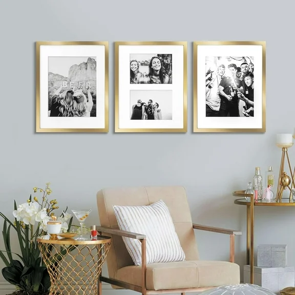ArtbyHannah 3 Piece 11x14 inch Gold Gallery Wall Picture Frame Set, Modern Framed Wall Art Set for Home Decor