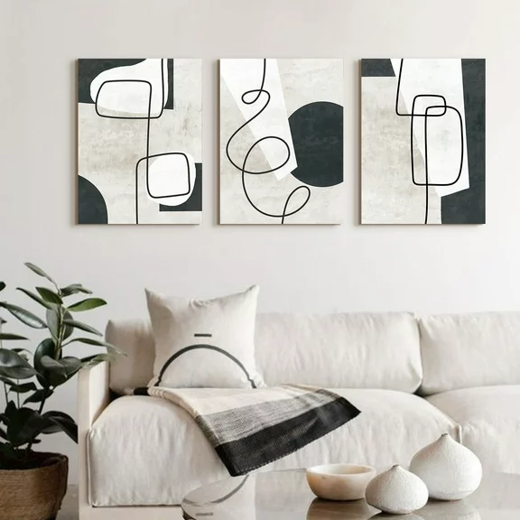 ArtbyHannah 3 Pieces 16x24 inch Modern Abstract Wall Art Decor, Black and White Canvas Wall Print Set with Minimalist Art Prints for Living Room
