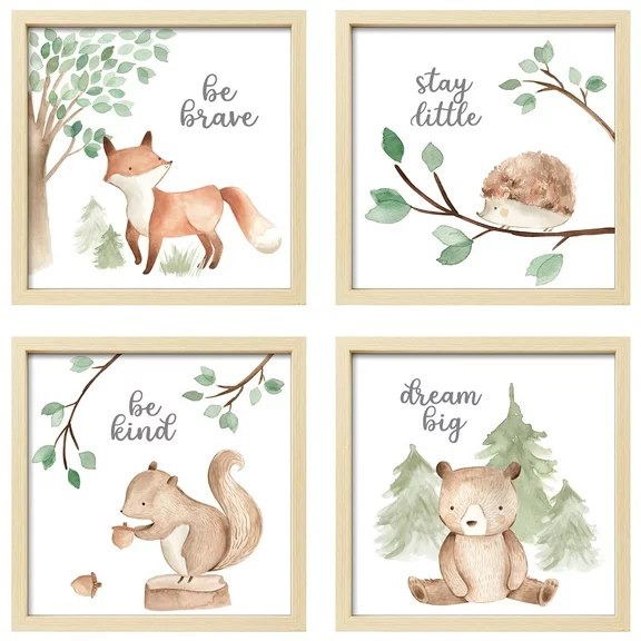 ArtbyHannah 4 Pack Framed Funny Woodland Baby Nursery Wall Art Decor with 10x10 Picture Frames and Cute Safari Animals Prints for Kids Playroom Decoration, Light-Wood