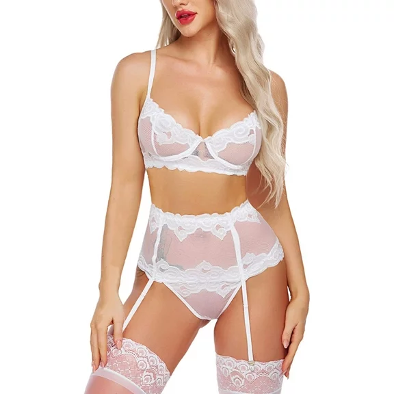 Avidlove Women Lingerie Set with Garter Bra and Panty Set 3 Piece Lace Underwired Lingerie White，XXL