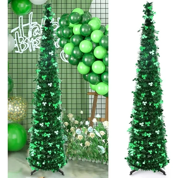Ayieyill St. Patrick's Day Decorations 5ft Pop up Tree St Patrick Day Decoration Artificial Green Collapsible Christmas Tree Slim Pencil Tinsel Trees for Saint Patty's Day Irish Party Decoration