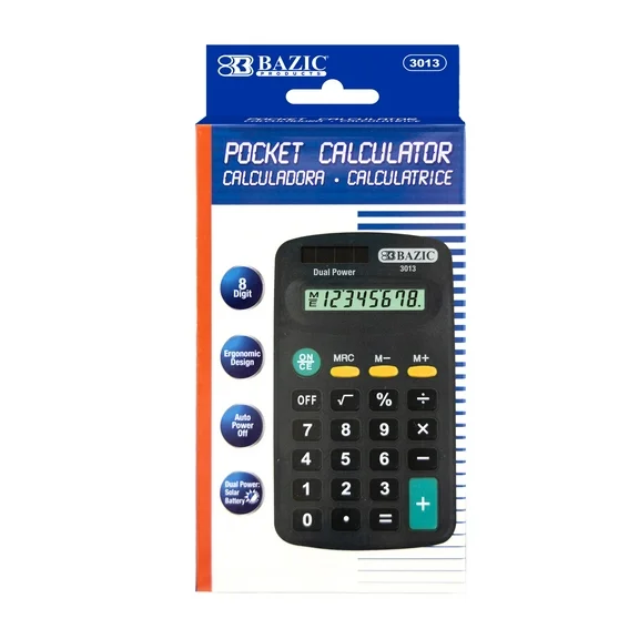 BAZIC 8-Digit Dual Power Calculator Pocket Size, Solar Powered & Battery, Black Color, 1-Pack