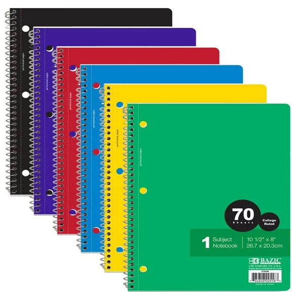 BAZIC College Ruled 1 Subject Spiral Notebooks 70 Sheets, Assorted Color, 6-Pack