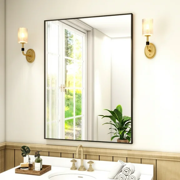 BEAUTYPEAK 30"x 40" Bathroom Wall Mirror with Rectangular Metal Frame, Black