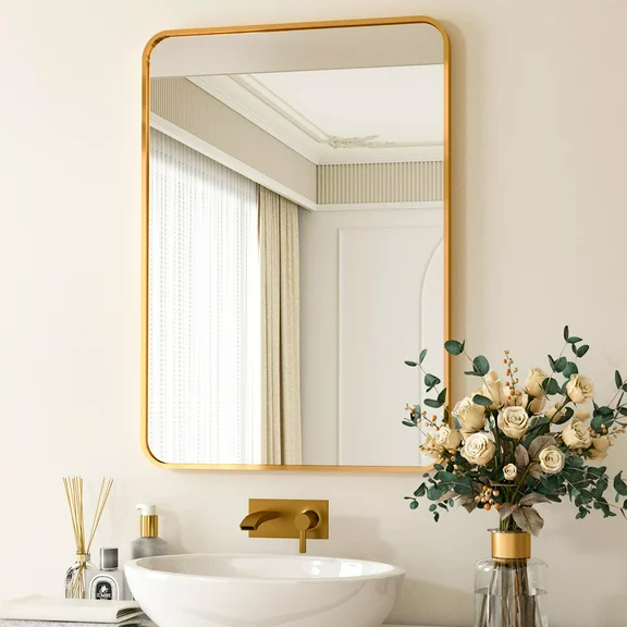 BEAUTYPEAK 30"x40 Wall Mirror Rounded Corners Hanging Vanity Mirror Gold