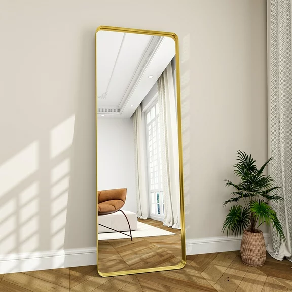 BEAUTYPEAK 64" x 21" Full Length Mirror Modern Round Corner Vanity Floor Mirror,Gold