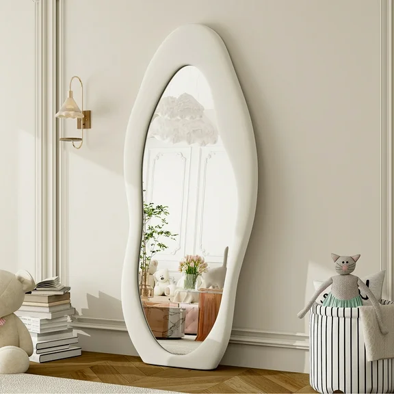 BEAUTYPEAK 71"x 30" Full Length Floor Mirror Wavy Mirror Leaning or Hanging with Stand, White