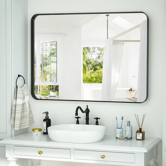 BEAUTYPEAK Bathroom Mirror 30x40 inch, Modern Round Corner Vanity Wall Mirror，Black