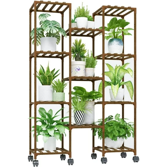 Bamworld Plant Stand with Wheels Indoor Outdoor Plant Shelves Indoor Plant Holder for Living Room Outdoor Plant Rack Indoor Multiple Plants Patio Balcony Garden