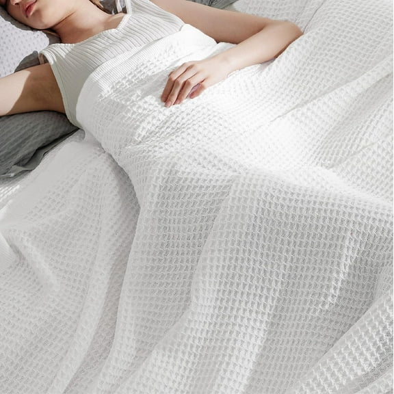 Bedsure 100% Cotton Blankets Twin-XL White - Waffle Weave Blankets for All Seasons, 66x90 inches