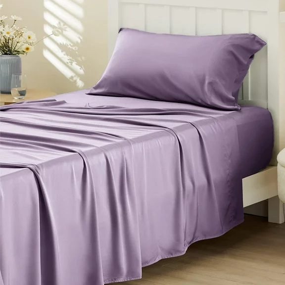 Bedsure Twin Cooling Bed Sheets Set, Rayon Derived from Bamboo, Hotel Luxury Silky Breathable Bedding Sheets & Pillowcases, Lilac
