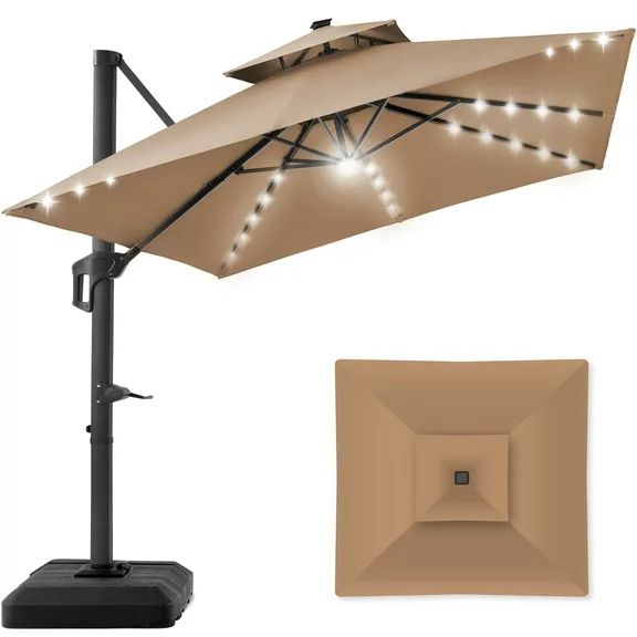 Best Choice Products 10x10ft 2-Tier Square Outdoor Solar LED Cantilever Patio Umbrella w/ Base Included - Tan