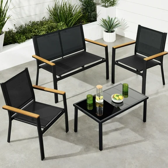 Best Choice Products 4-Piece Outdoor Textilene Patio Conversation Furniture Set w/ Loveseat, Table - Black/Black
