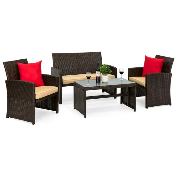 Best Choice Products 4-Piece Outdoor Wicker Patio Conversation Furniture Set w/ Table, Cushions - Brown/Beige