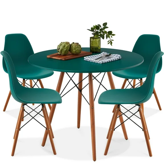 Best Choice Products 5-Piece Compact Mid-Century Modern Dining Set w/ 4 Chairs, Wooden Legs - Dark Green/Walnut