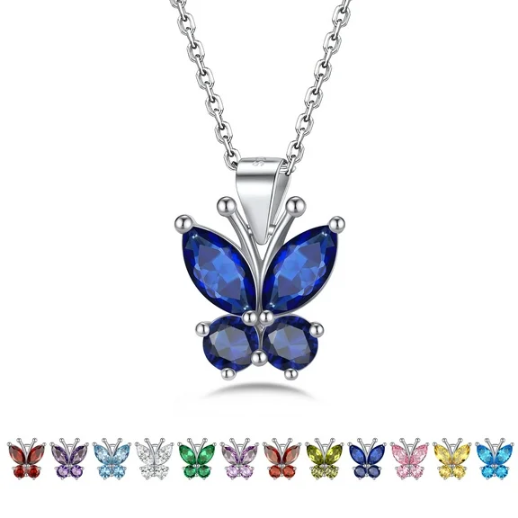 Bestyle Butterfly Pendant Necklace Women Sterling Silver September Birthstone Sapphire Necklace Shinning CZ Jewelry Birthday Gifts for Mom Daughter