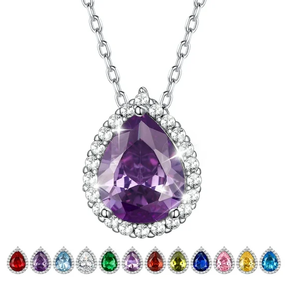 Bestyle Created Diamond Necklace February Amethyst Teardrop Birthstone Pendant Necklace Women Sterling Silver CZ Necklace Jewelry Gift