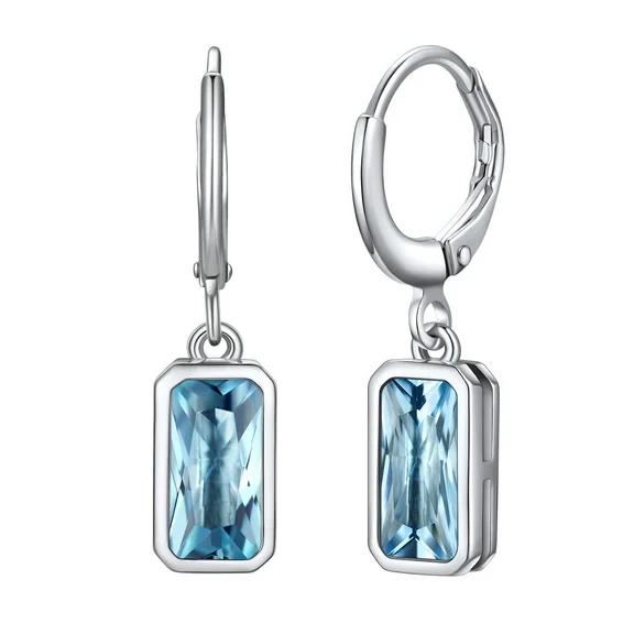Bestyle Drop Earrings Huggie Hoop Dangle Earring Sterling Silver Earrings for Women Girls with Rectangular Baguette Aquamarine Crystal, March