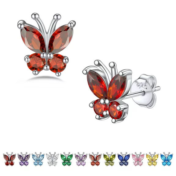 Bestyle Red Ruby Crystal Butterfly Earrings Stud Cute Shinning Sterling Silver Birthstone Earrings for Women Teen Girls - July