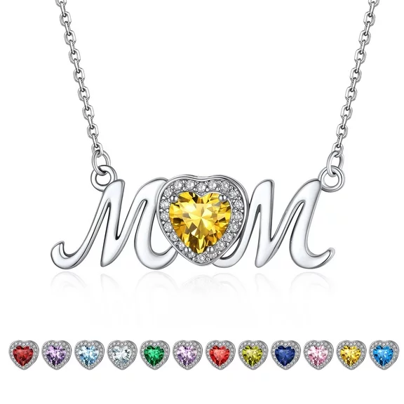 Bestyle Sterling Silver MOM Heart Necklace with Shiny Citrine Topaz and Created White Zircons, November Birthstone Jewelry Gift for Wife Mom Mother in Law