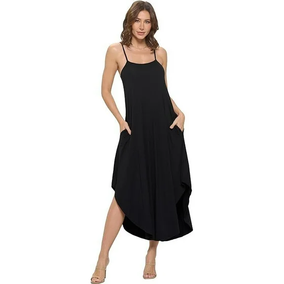 Black Small Size Women's Rayon Modal Sexy Casual Sleeveless Stylish Maxi W/Pockets, Long Lingerie, Nightgowns, Summer Dresses