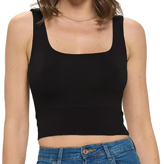 Black Small Size Women's Sleeveless Square Neck Crop Top, Basic Slim Fit Shirt, Sexy Casual Cute Going Out, Trendy Spring Summer 2024