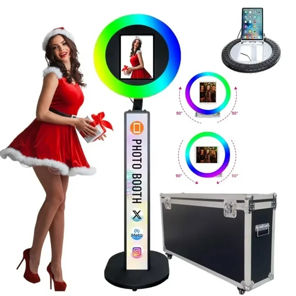 Black Upgraded iPad Photo Booth for iPad 10.2''10.9''11''12.9''Selfie Photo booth Machine ,Free Custom Logo,with RGB Ring Light and Flight Case for Parties Christmas,Wedding Events Rental