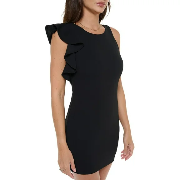 Black X-Large Size Women's Sleeveless Mini Cocktail Dress, One Shoulder Ruffle Bodycon Sexy Going Out Party, Spring Summer 2024