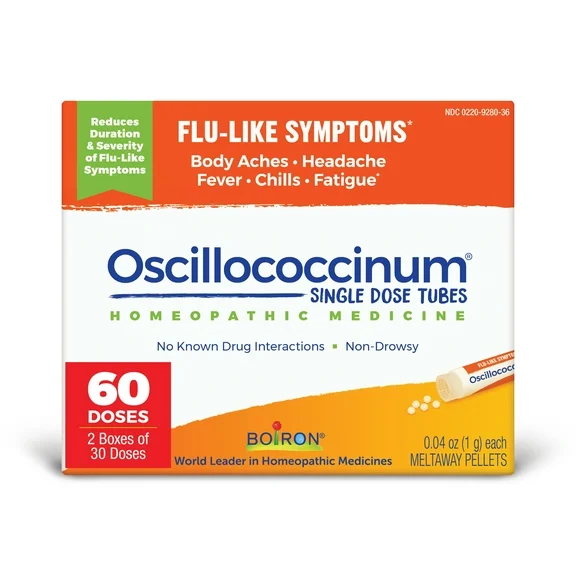Boiron Oscillococcinum Unit Dose, Homeopathic Medicine for Flu-Like Symptoms, Body Aches, Headache, Fever, Chills, Fatigue, 2 x 30 Doses Twin Pack