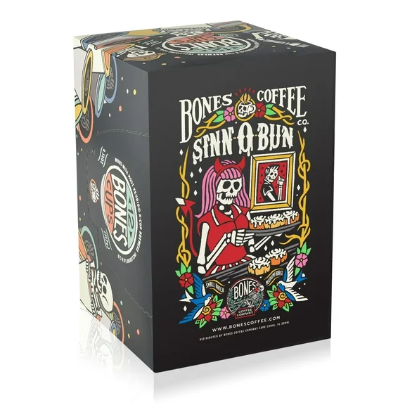 Bones Coffee Medium Roast K cups | 12 ct. Single Serve Sinn 'O' Bunn Cinnamon Bun Flavored Coffee Pods