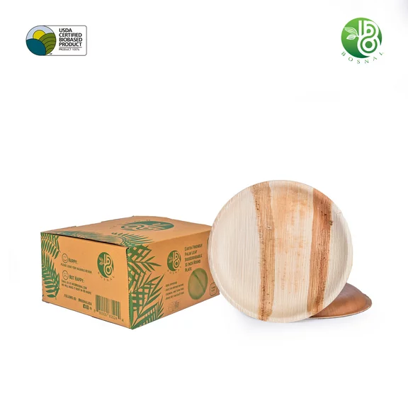 Bosnal 10 inch Round Plates, Compostable Palm Leaf, Bamboo and Wood Style, Stackable, Restaurant Grade, 25 Pcs