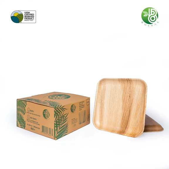 Bosnal 10 inch Square Plates, Compostable Palm Leaf, Bamboo and Wood Style, Stackable, Restaurant Grade, 25 Pcs